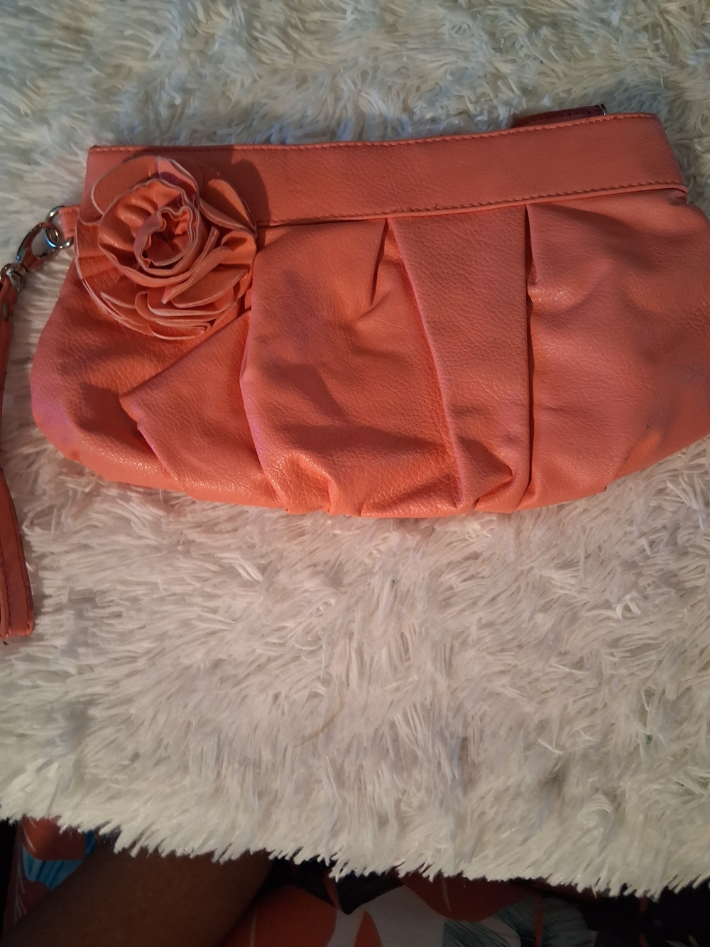 New York & Company Coral Pleated Wristlet Clutch with Floral Accent